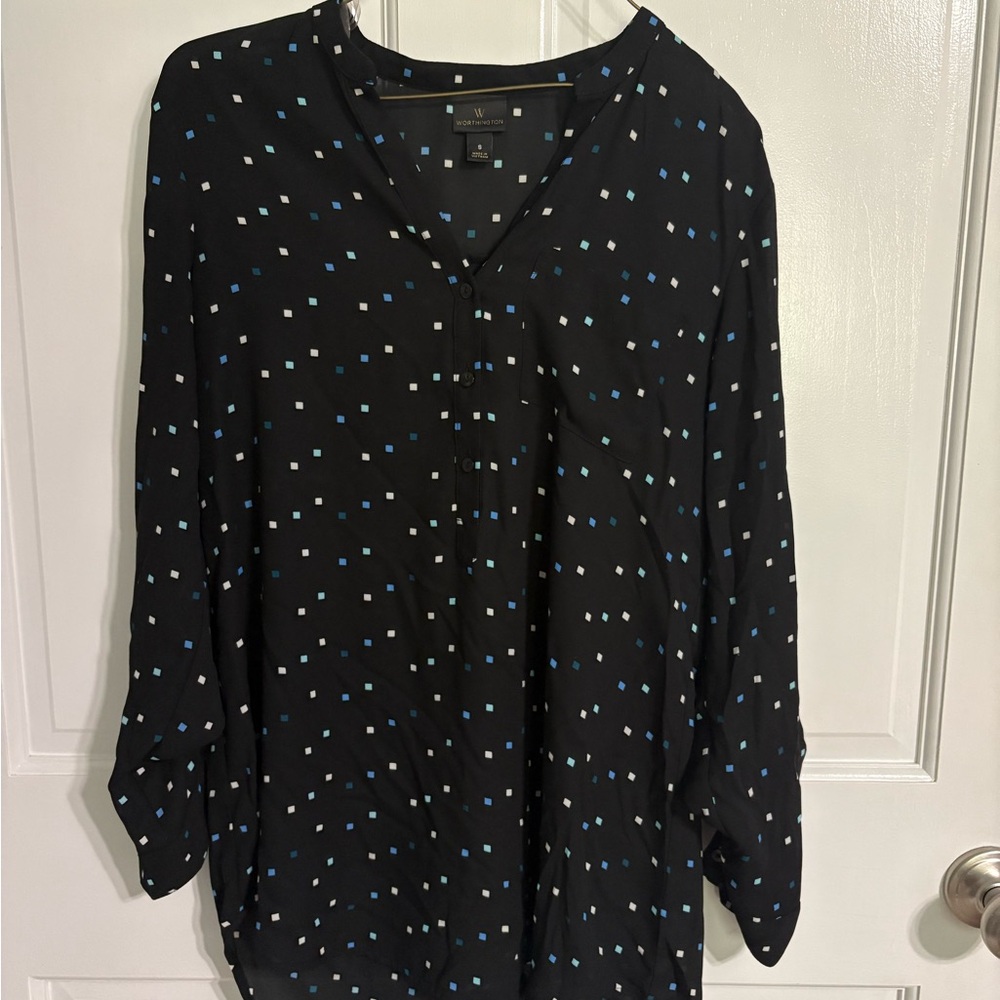 Worthington Black Blouse with Blue and White Squares